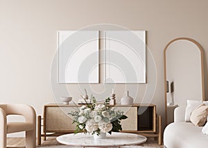 Frame mockup in bright modern living room, beige sofa with marble coffee table and flower vase on white background