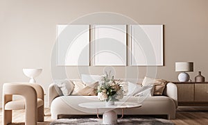 Frame mockup in bright modern living room, beige sofa with marble coffee table and flower vase on white background