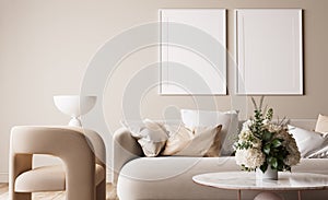 Frame mockup in bright modern living room, beige sofa with marble coffee table and flower vase on white background