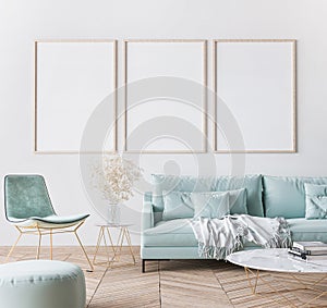 Frame mockup in bright modern living room design, three vertical wooden frames