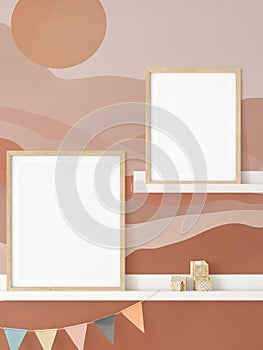 Frame mockup in child room interior. Nursery Interior in scandinavian style. 3d rendering, 3d illustration
