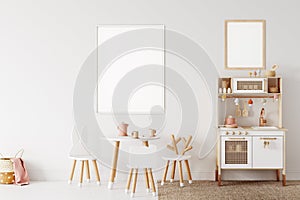 Frame mockup in child room interior. Nursery Interior in scandinavian style. 3d rendering, 3d illustration