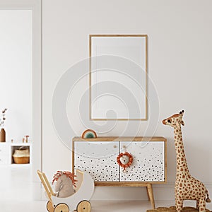 Frame mockup in the children`s room interior. Nursery Interior. Boho scandinavian eco style. 3d rendering, 3d illustration