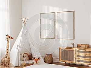 Frame mockup in the children`s room interior. Nursery Interior. Boho scandinavian eco style. 3d rendering, 3d illustration