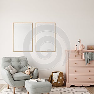 Frame mockup in the children`s room interior. Nursery Interior. Boho scandinavian eco style. 3d rendering, 3d illustration