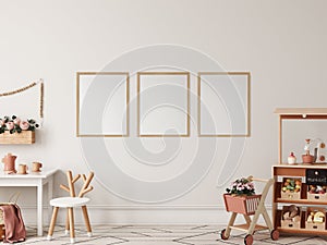 Frame mockup in the children`s room interior. Nursery Interior. Boho scandinavian eco style. 3d rendering, 3d illustration