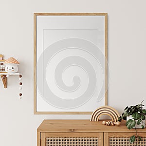 Frame mockup in the children`s room interior. Nursery Interior. Boho scandinavian eco style. 3d rendering, 3d illustration