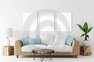 Frame mockup. Coastal Scandinavian interior style. 3d rendering, 3d illustration