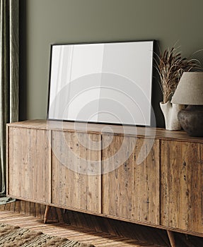 Frame mockup on commode with decor in living room interior