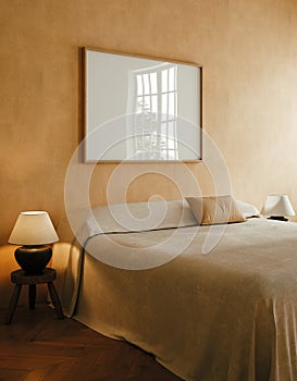 Frame mockup in cozy beige Japandi bedroom interior photo