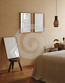 Frame mockup in cozy beige Japandi bedroom interior photo