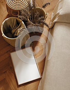Frame mockup in cozy beige Japandi bedroom interior photo