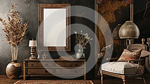 Frame mockup in dark home interior with ethnic decoration. Ai Generative