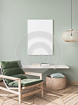 Frame mockup design in wooden green room, farmhouse style, 3d render