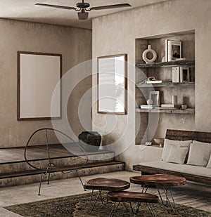 Frame mockup in earthy nomadic living room interior