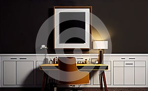 Frame mockup empty blank on black wall, vintage retro chair for home office or workplace. Generative AI