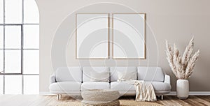 Frame mockup in farmhouse living room design, white furniture on bright wall background