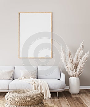 Frame mockup in farmhouse living room design, white furniture on bright wall background