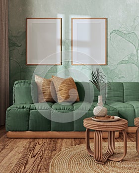 Frame mockup, farmhouse living room in green and beige tones. Parquet and rattan furniture, sofa, wallpaper. Vintage interior