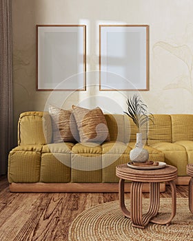 Frame mockup, farmhouse living room in yellow and beige tones. Parquet and rattan furniture, sofa, wallpaper. Vintage interior