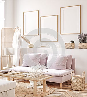 Frame mockup in fresh spring living room interior background