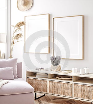 Frame mockup in fresh spring living room interior background