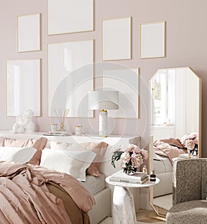 Frame mockup, Home interior background, Bedroom in pink pastel colors, 3d render