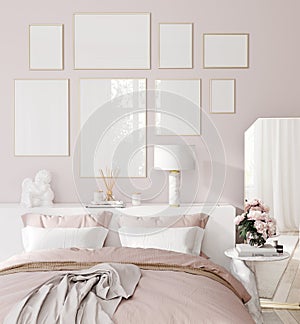 Frame mockup, Home interior background, Bedroom in pink pastel colors, 3d render