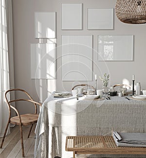 Frame mockup, Home interior background, Dining room with in beige colors, 3d render