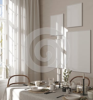 Frame mockup, Home interior background, Dining room with in beige colors, 3d render