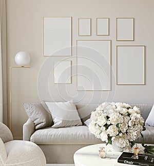 Frame mockup, Home interior background, living room in beige pastel colors, 3d render