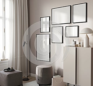 Frame mockup, Home interior background, living room in beige pastel colors, 3d render
