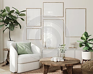 Frame mockup, Home interior background, living room in light pastel colors, 3d render