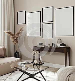 Frame mockup, Home interior background, modern living room, 3d render