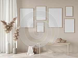 Frame mockup, Home interior background, room in light pastel colors, 3d render