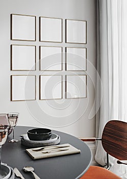 Frame mockup in home interior, cozy modern kitchen interior background