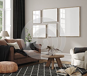 Frame mockup in home interior, living room in neutral colors with sofa, armchair and dry flower on table