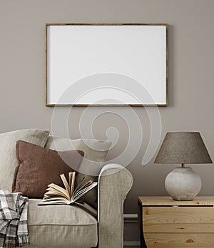 Frame mockup in home interior, living room in neutral colors with sofa, armchair and dry flower on table