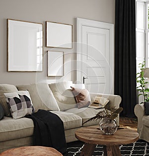 Frame mockup in home interior, living room in neutral colors with sofa, armchair and dry flower on table