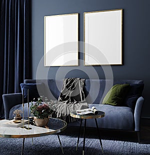 Frame mockup in home interior, luxury modern dark living room