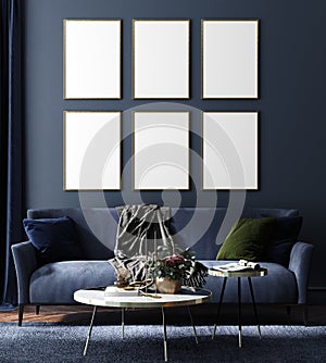 Frame mockup in home interior, luxury modern dark living room