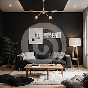 Frame mockup in home interior, luxury modern dark living room ,