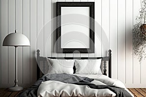 Frame mockup in interior. Cozy bedroom with empty poster frame