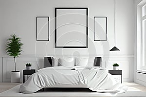 Frame mockup in interior. Cozy bedroom with empty poster frame. AI Generated