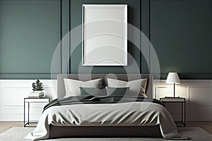 Frame mockup in interior. Cozy bedroom with empty poster frame. AI Generated