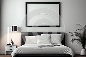 Frame mockup in interior. Cozy bedroom with empty poster frame. AI Generated