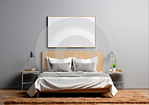 Frame mockup in interior. Cozy bedroom with empty poster frame. AI Generated