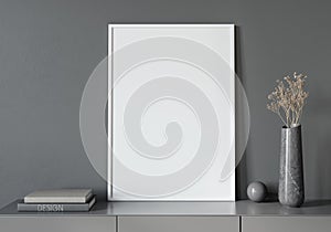 Frame mockup interior in gray color with white poster frame