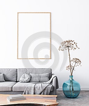 Frame mockup in interior living room design. Vertical poster on white background. Scandinavian style