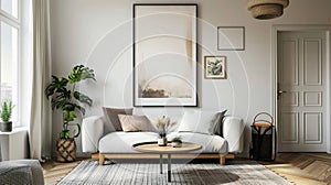 Frame mockup, ISO A paper size. Living room wall poster mockup. Interior mockup with house background.